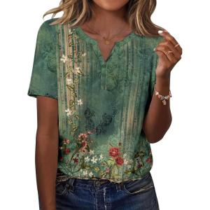 Zeagoo Womens Summer Tops Casual Short Sleeve V Neck Shirts Business Dressy Work Blouses(Floral Green)