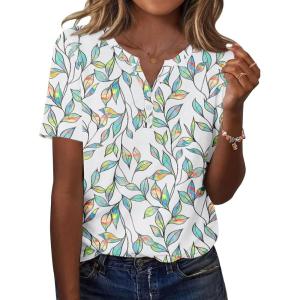 Zeagoo Womens Summer Tops Casual Short Sleeve V Neck Shirts Business Dressy Work Blouses(Leaf White Green)