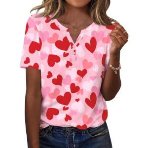 Zeagoo Womens Summer Tops Casual Short Sleeve V Neck Shirts Business Dressy Work Blouses(Pink Heart)
