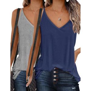Zeagoo Womens V Neck Camisole Tank Top Strap Sleeveless T Shirt Casual Loose Vest Blouse – S-XXL(2 Pack-blue and Light Grey)