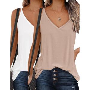 Zeagoo Womens V Neck Camisole Tank Top Strap Sleeveless T Shirt Casual Loose Vest Blouse – S-XXL(2 Pack-brown and White)