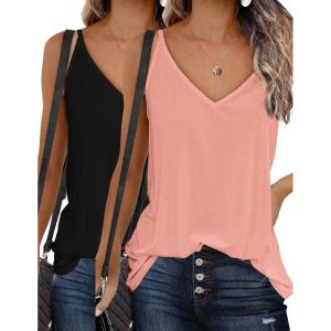Zeagoo Womens V Neck Camisole Tank Top Strap Sleeveless T Shirt Casual Loose Vest Blouse – S-XXL(2 Pack-coral and Black)
