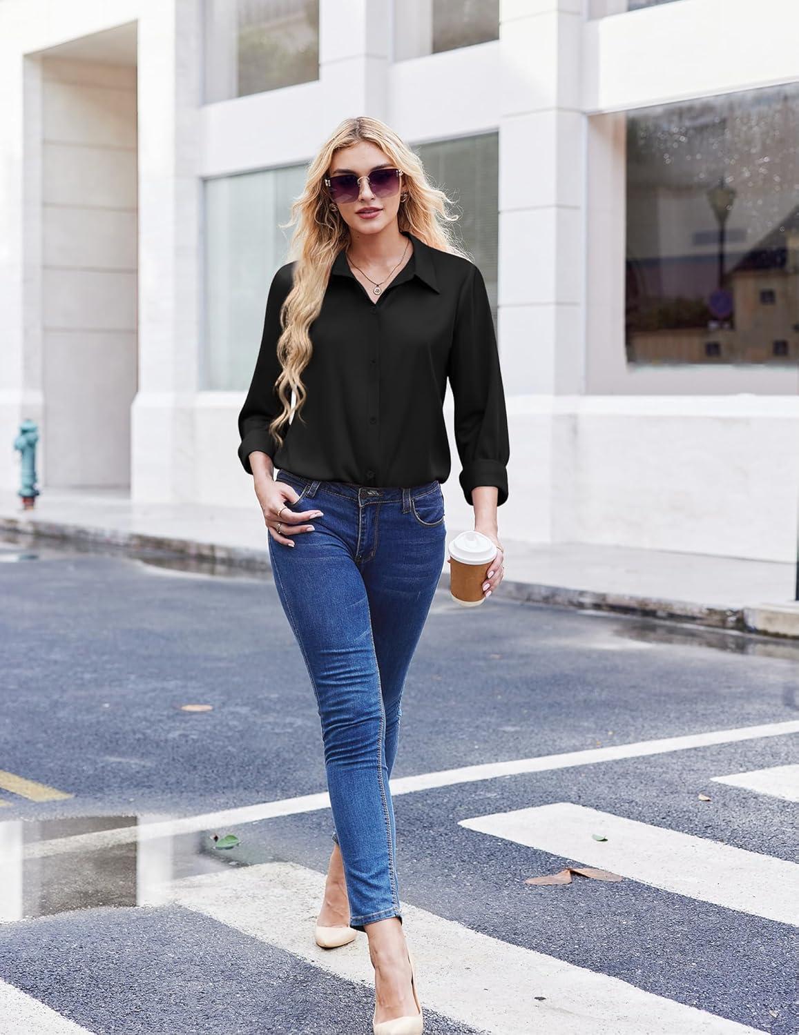 imageZEAGOO Button Down Shirt for Women Long Sleeve Blouses Floral Printed Tops Business Casual Work Outfits SXXLBblackstain Shield