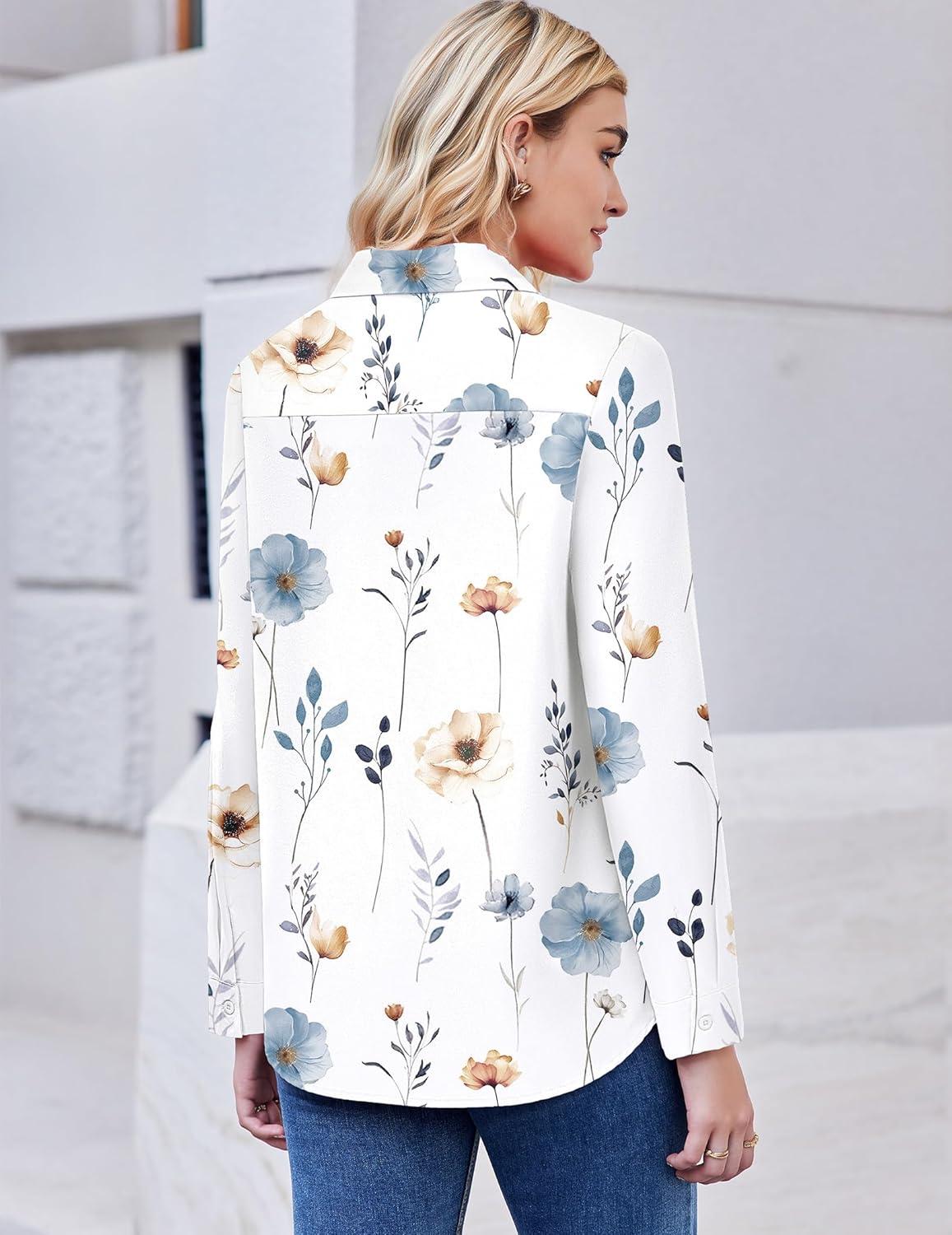 imageZEAGOO Button Down Shirt for Women Long Sleeve Blouses Floral Printed Tops Business Casual Work Outfits SXXLFloral White