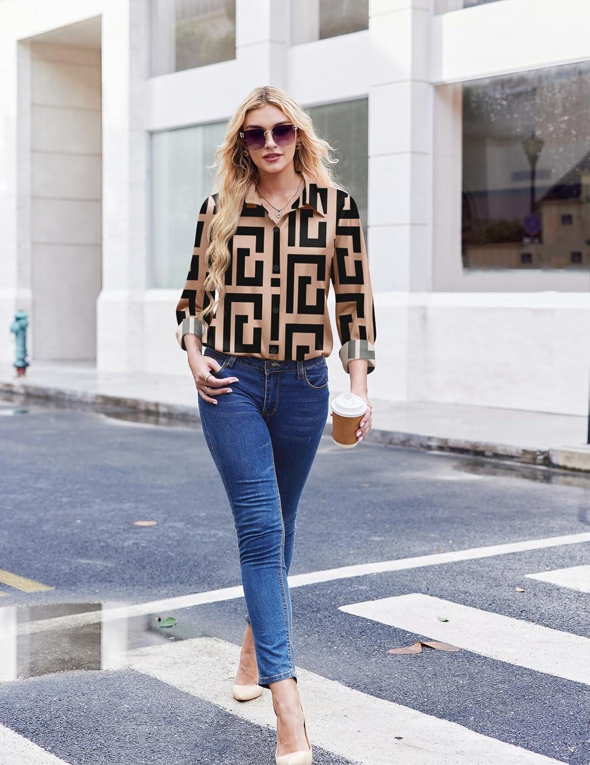 imageZEAGOO Button Down Shirt for Women Long Sleeve Blouses Floral Printed Tops Business Casual Work Outfits SXXLGeometric