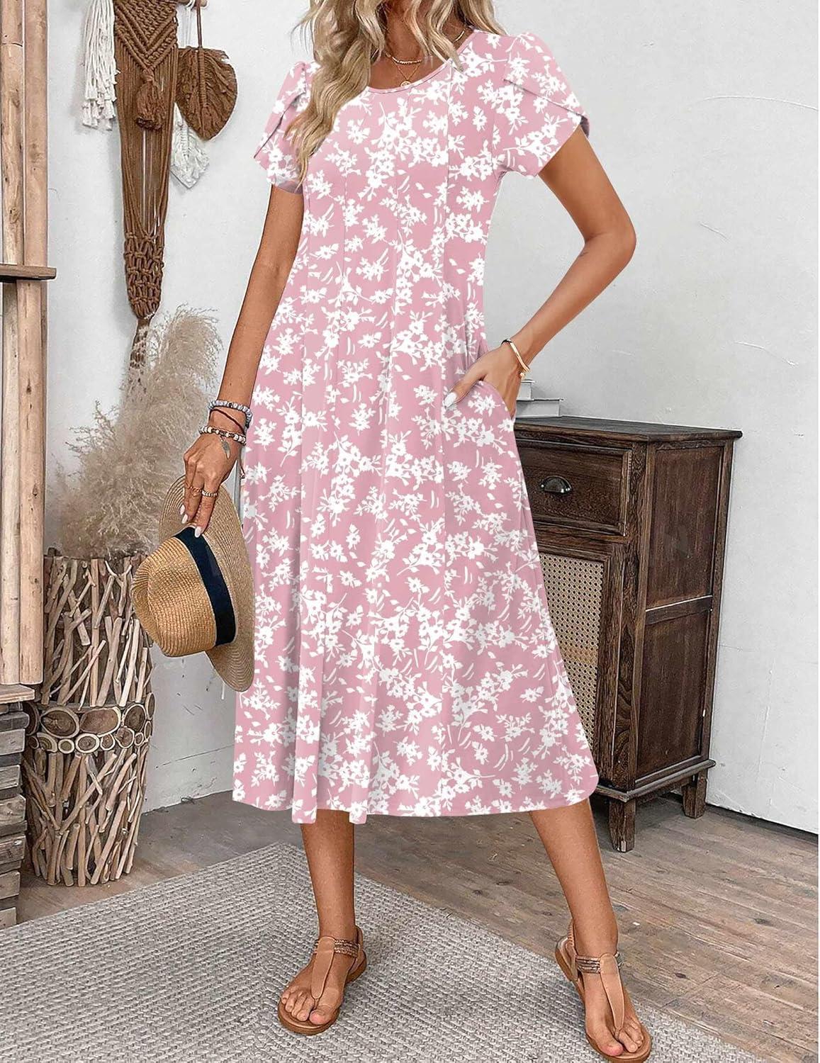 imageZEAGOO Womens Casual Dresses for Summer Short Sleeve Flare Midi Dress Loose Flowy Beach Sundress2601 Pink Floral