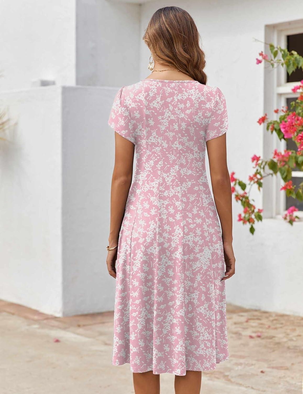 imageZEAGOO Womens Casual Dresses for Summer Short Sleeve Flare Midi Dress Loose Flowy Beach Sundress2601 Pink Floral