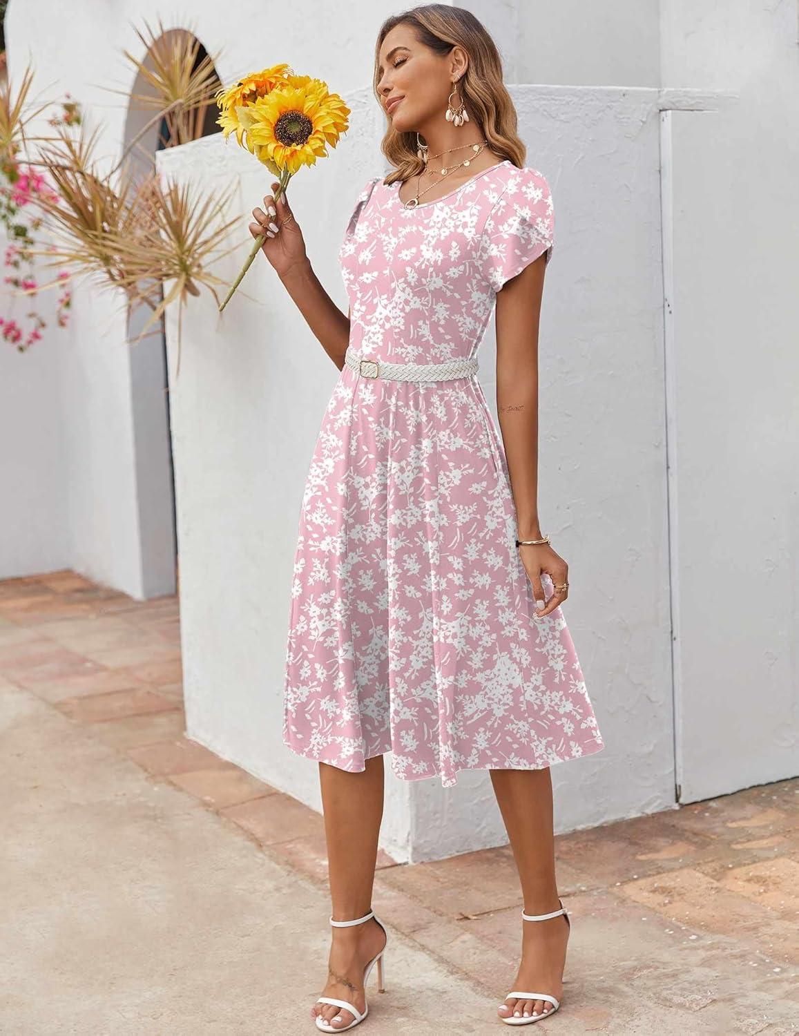 imageZEAGOO Womens Casual Dresses for Summer Short Sleeve Flare Midi Dress Loose Flowy Beach Sundress2601 Pink Floral