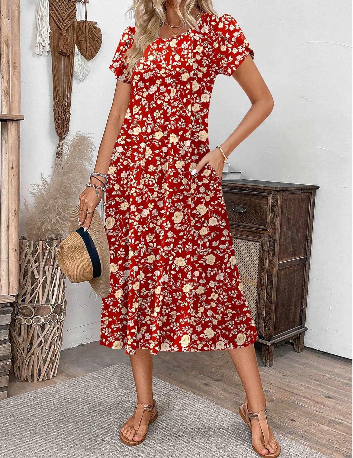 imageZEAGOO Womens Casual Dresses for Summer Short Sleeve Flare Midi Dress Loose Flowy Beach Sundress2601 Red Floral