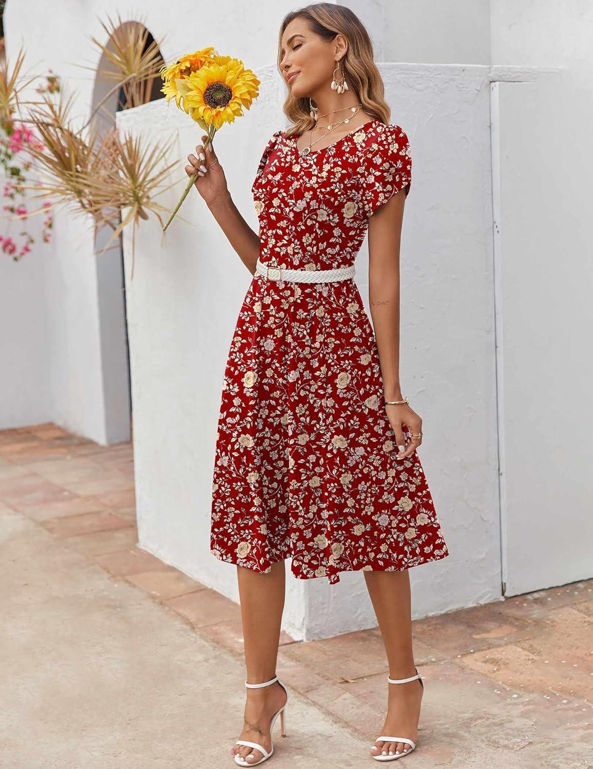 imageZEAGOO Womens Casual Dresses for Summer Short Sleeve Flare Midi Dress Loose Flowy Beach Sundress2601 Red Floral