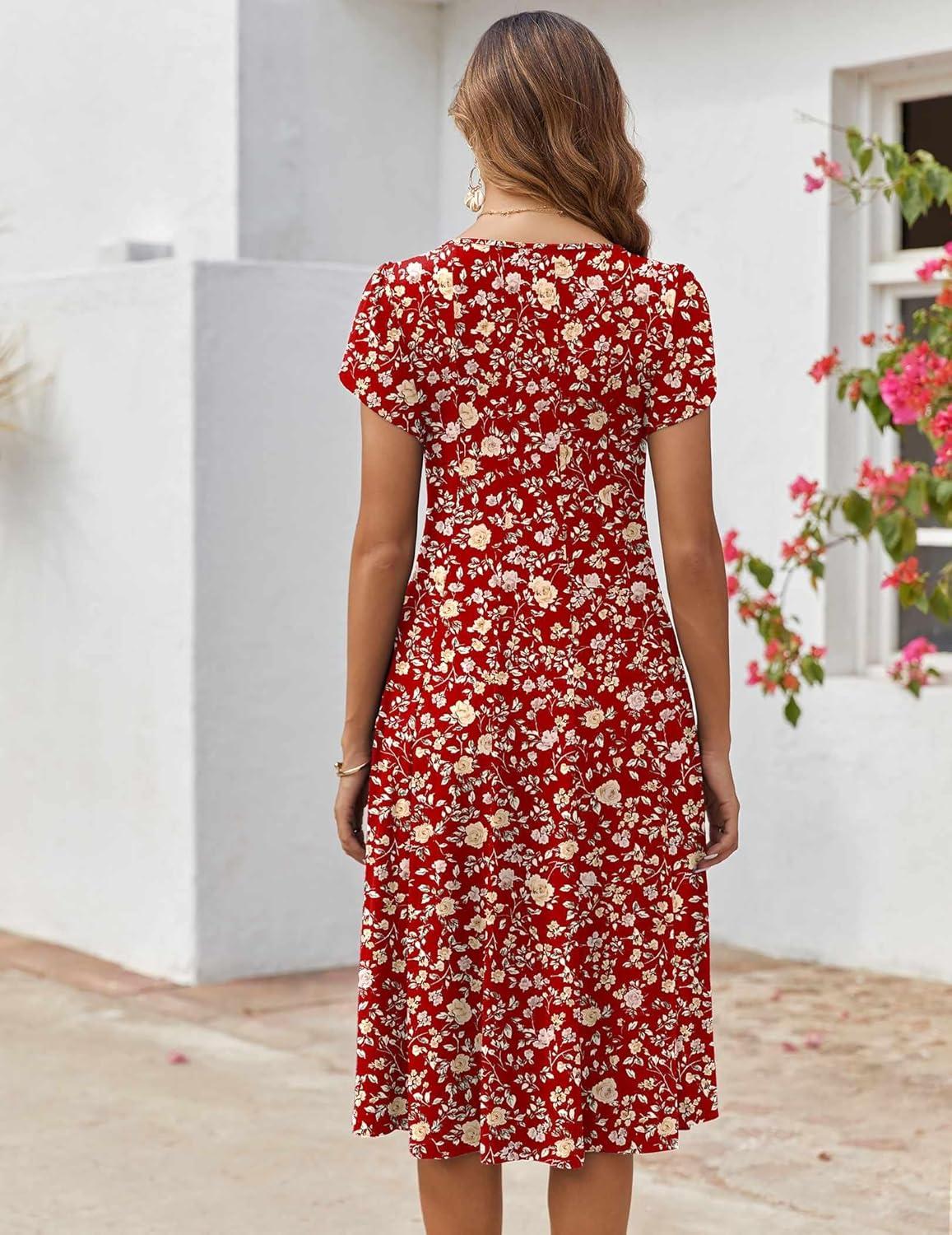 imageZEAGOO Womens Casual Dresses for Summer Short Sleeve Flare Midi Dress Loose Flowy Beach Sundress2601 Red Floral