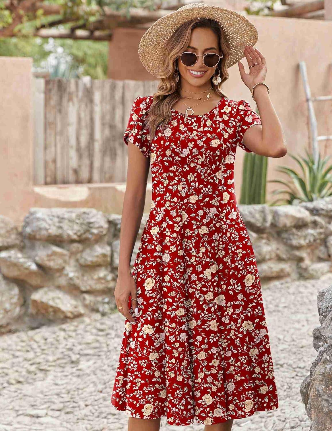 imageZEAGOO Womens Casual Dresses for Summer Short Sleeve Flare Midi Dress Loose Flowy Beach Sundress2601 Red Floral