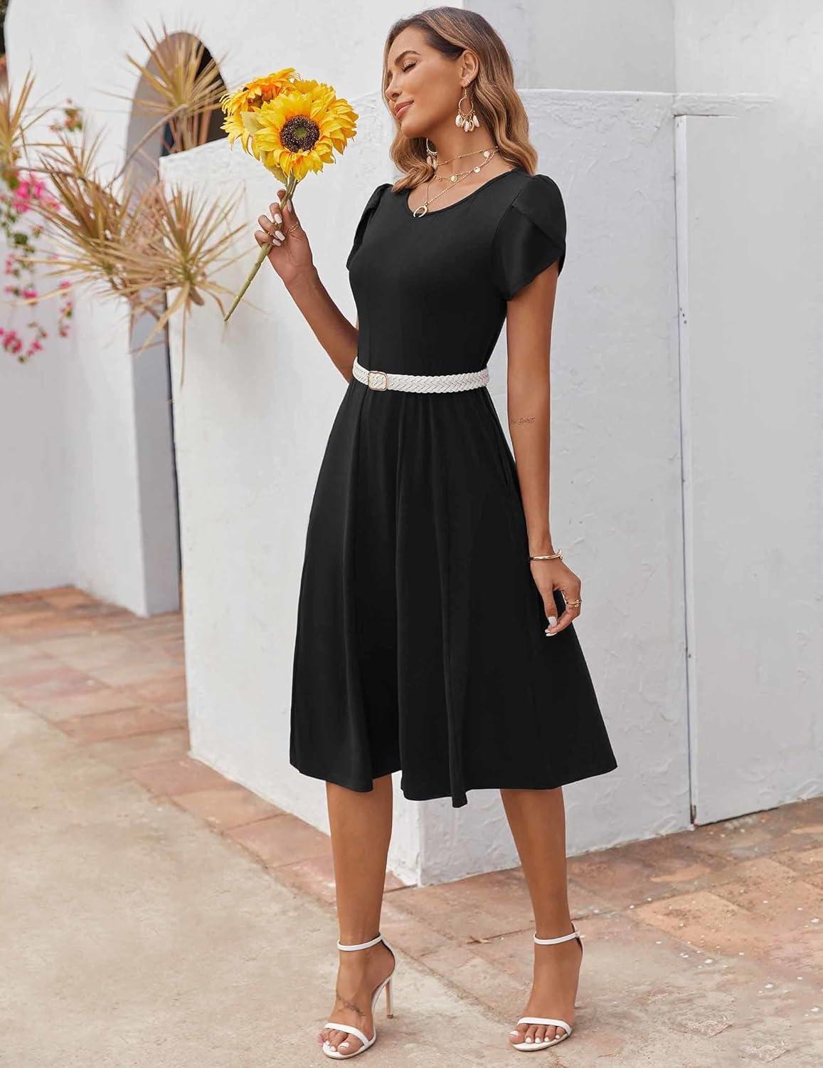 imageZEAGOO Womens Casual Dresses for Summer Short Sleeve Flare Midi Dress Loose Flowy Beach SundressAblack