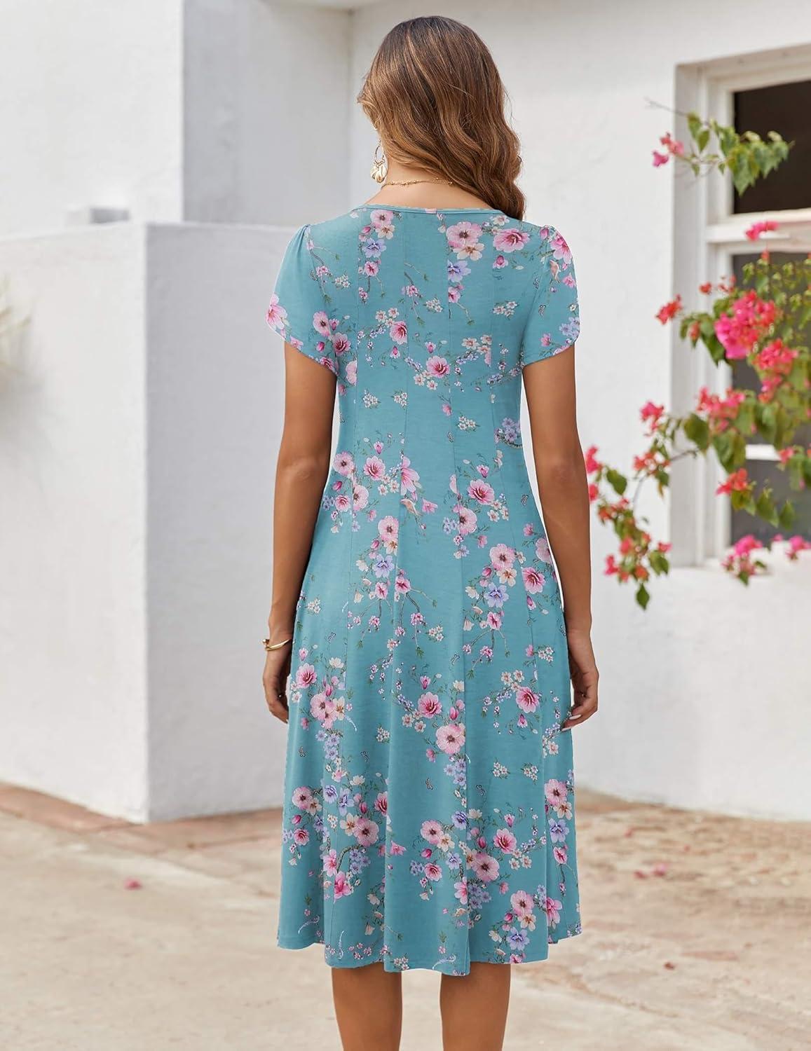 imageZEAGOO Womens Casual Dresses for Summer Short Sleeve Flare Midi Dress Loose Flowy Beach SundressBlue Flower