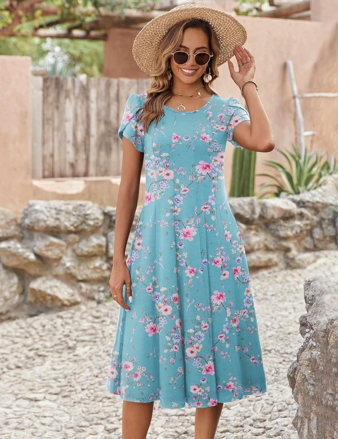 imageZEAGOO Womens Casual Dresses for Summer Short Sleeve Flare Midi Dress Loose Flowy Beach SundressBlue Flower
