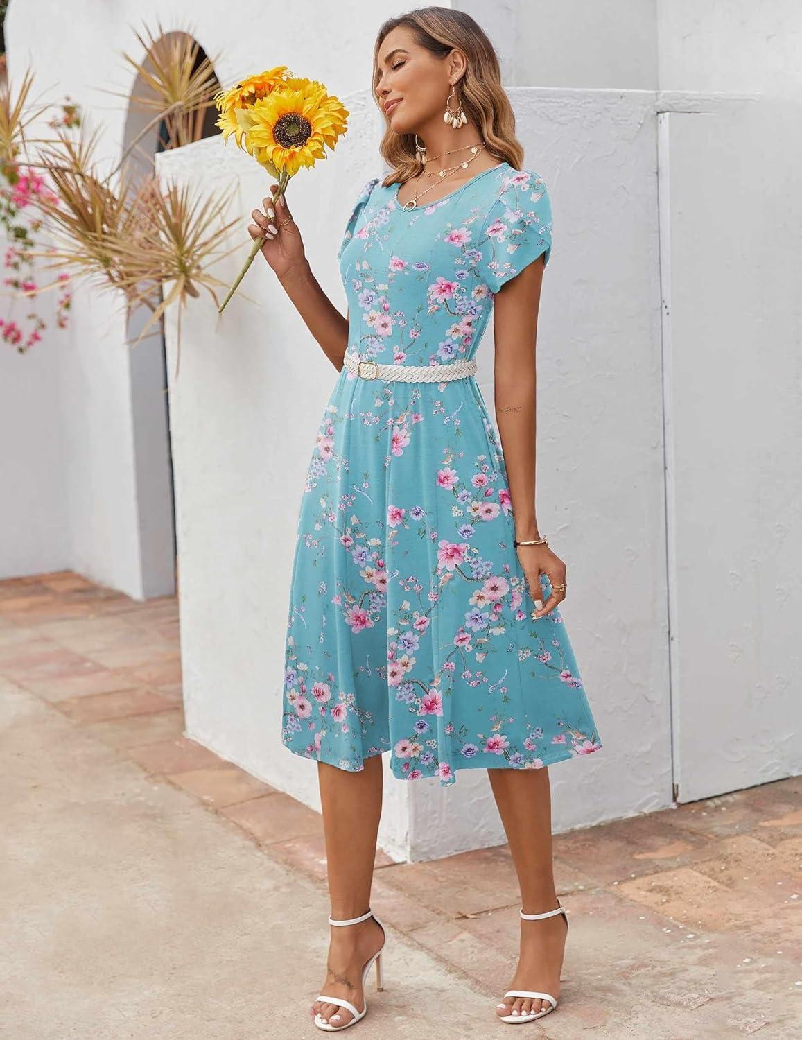 imageZEAGOO Womens Casual Dresses for Summer Short Sleeve Flare Midi Dress Loose Flowy Beach SundressBlue Flower