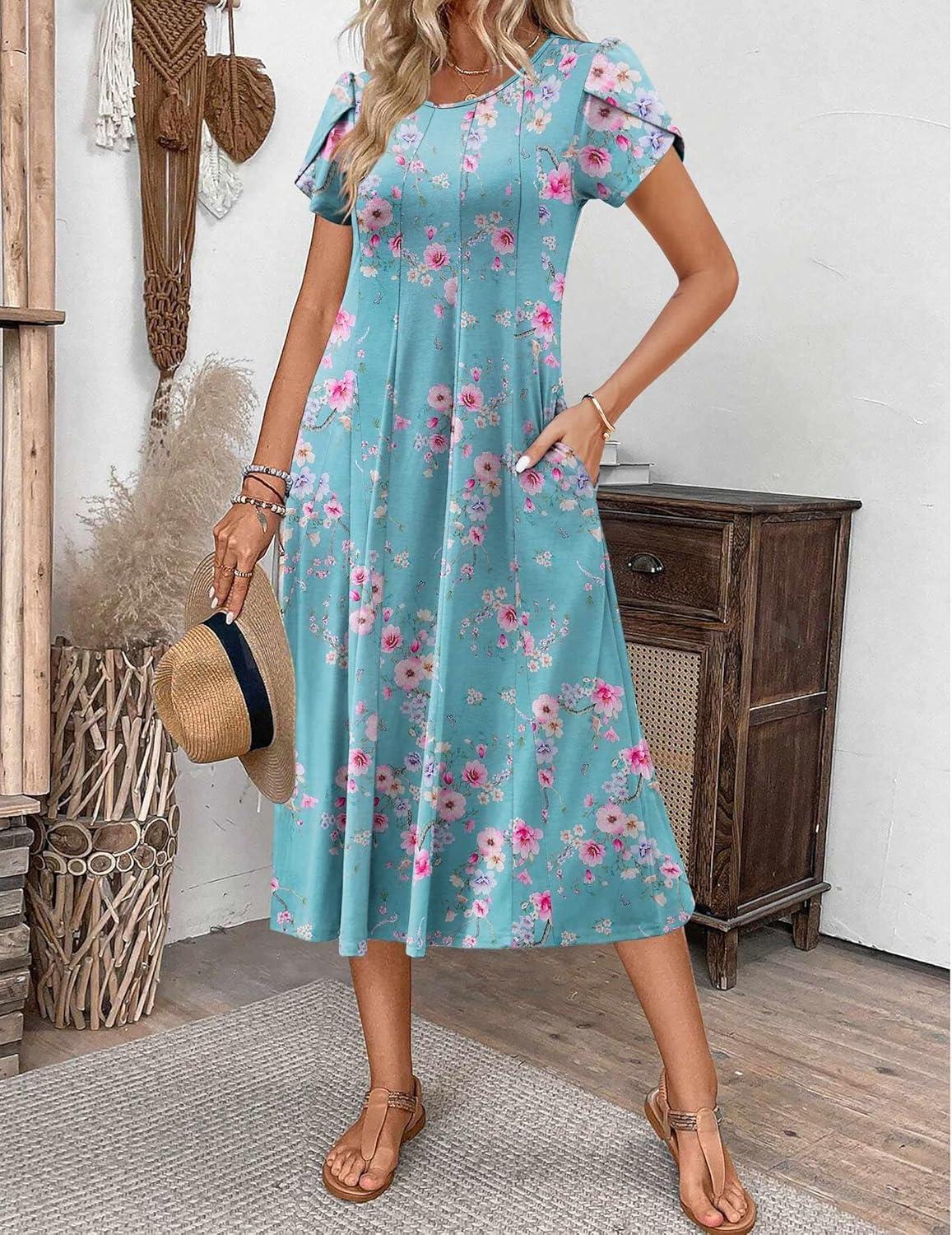 imageZEAGOO Womens Casual Dresses for Summer Short Sleeve Flare Midi Dress Loose Flowy Beach SundressBlue Flower