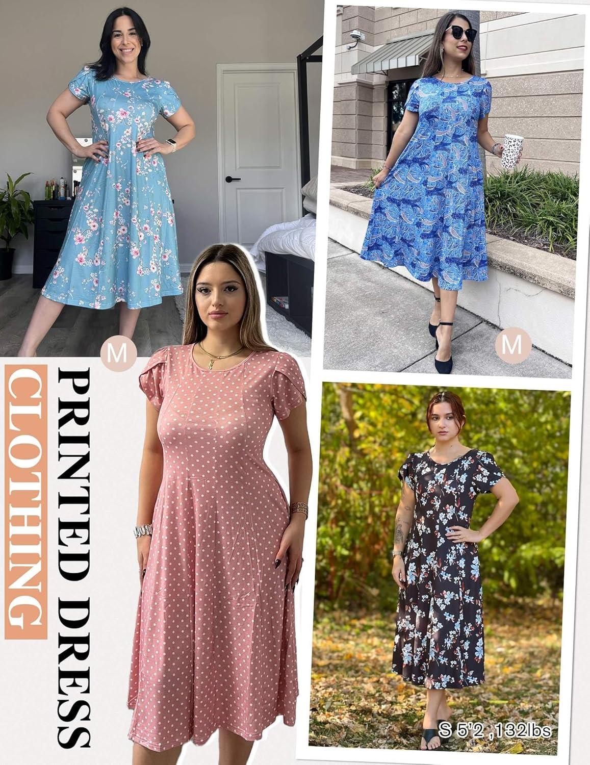 imageZEAGOO Womens Casual Dresses for Summer Short Sleeve Flare Midi Dress Loose Flowy Beach SundressBlue Flower