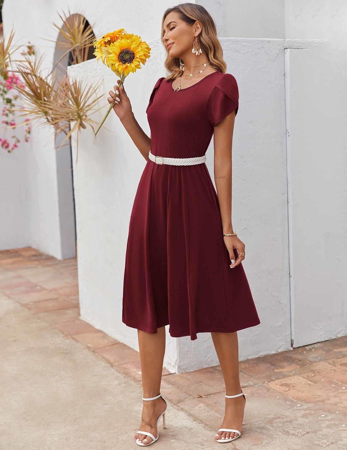 imageZEAGOO Womens Casual Dresses for Summer Short Sleeve Flare Midi Dress Loose Flowy Beach SundressBurgundy
