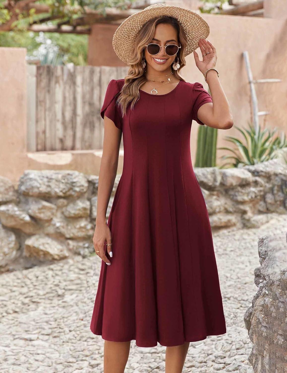 imageZEAGOO Womens Casual Dresses for Summer Short Sleeve Flare Midi Dress Loose Flowy Beach SundressBurgundy
