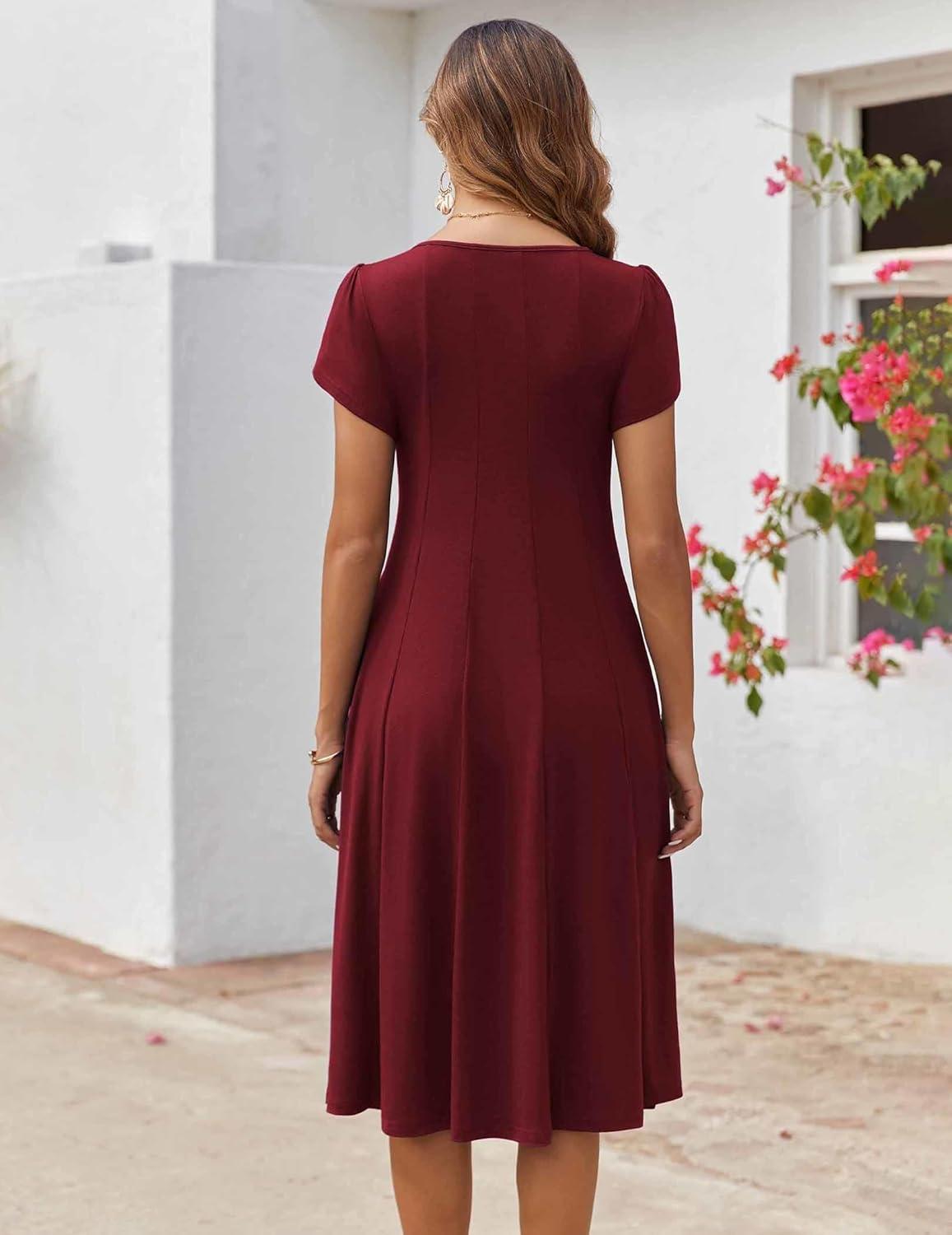imageZEAGOO Womens Casual Dresses for Summer Short Sleeve Flare Midi Dress Loose Flowy Beach SundressBurgundy