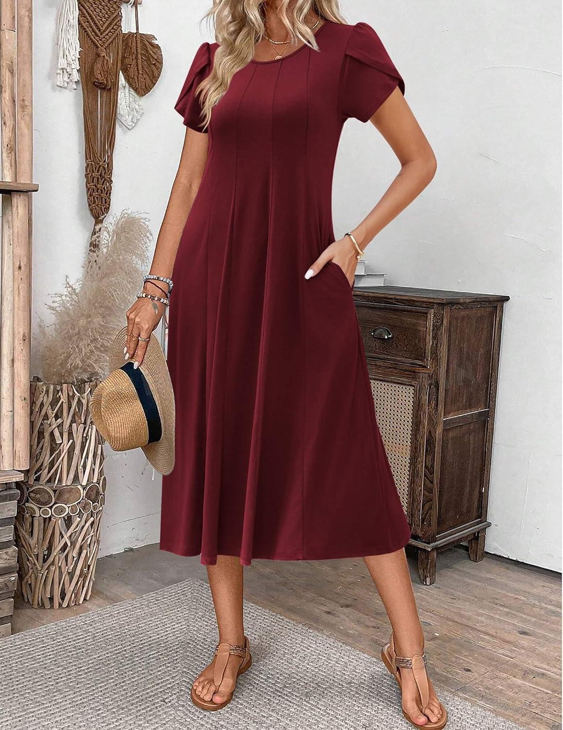 imageZEAGOO Womens Casual Dresses for Summer Short Sleeve Flare Midi Dress Loose Flowy Beach SundressBurgundy