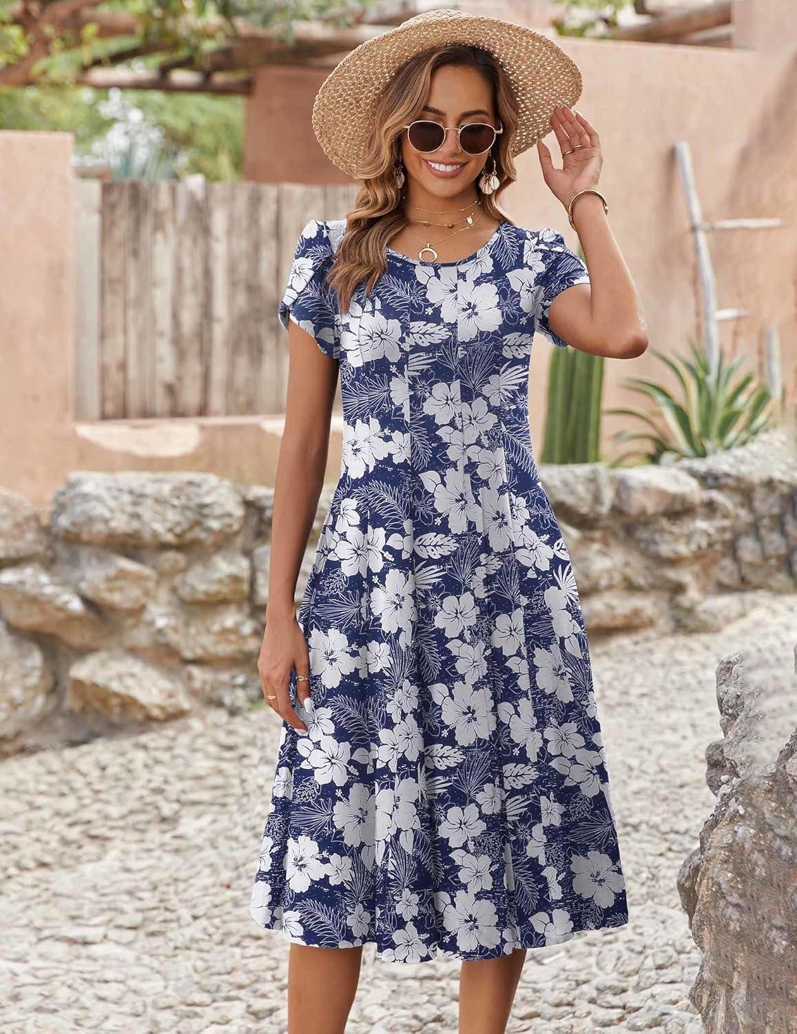 imageZEAGOO Womens Casual Dresses for Summer Short Sleeve Flare Midi Dress Loose Flowy Beach SundressDeep Blue Flower