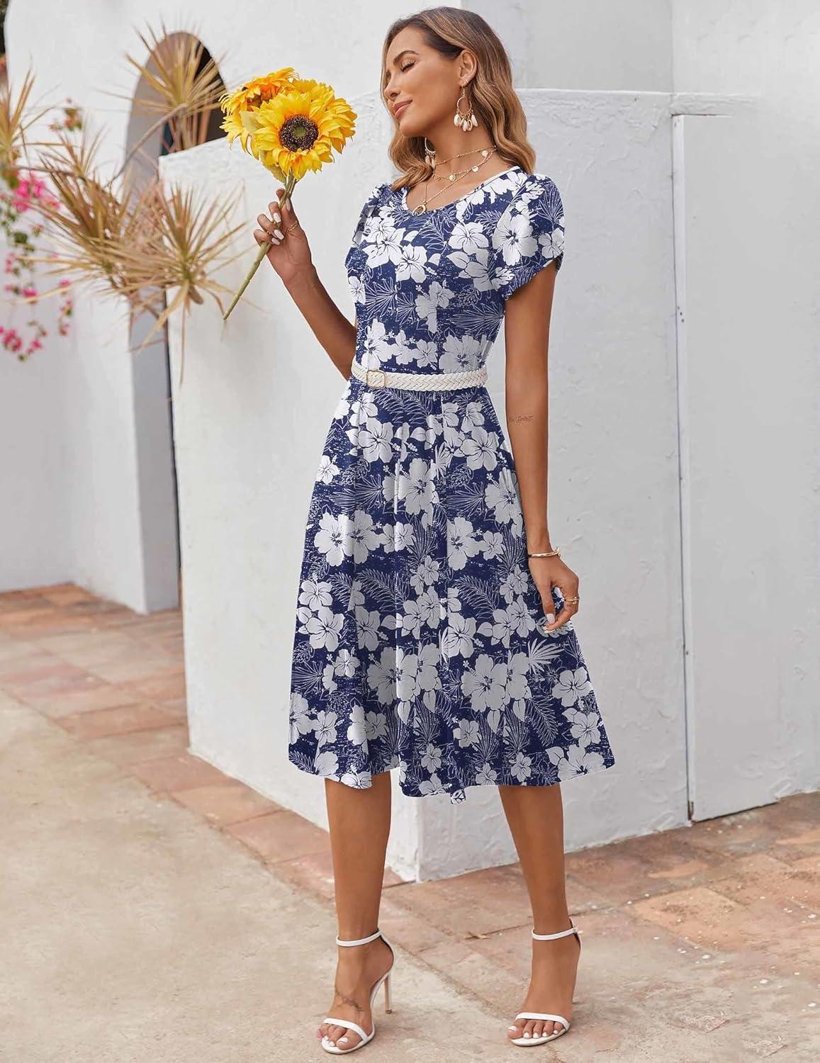 imageZEAGOO Womens Casual Dresses for Summer Short Sleeve Flare Midi Dress Loose Flowy Beach SundressDeep Blue Flower