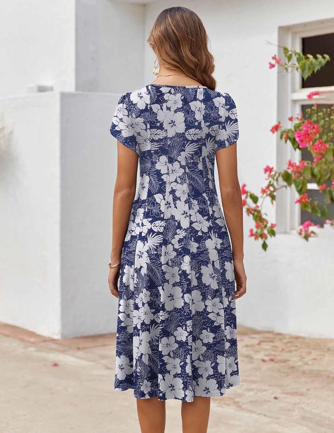 imageZEAGOO Womens Casual Dresses for Summer Short Sleeve Flare Midi Dress Loose Flowy Beach SundressDeep Blue Flower