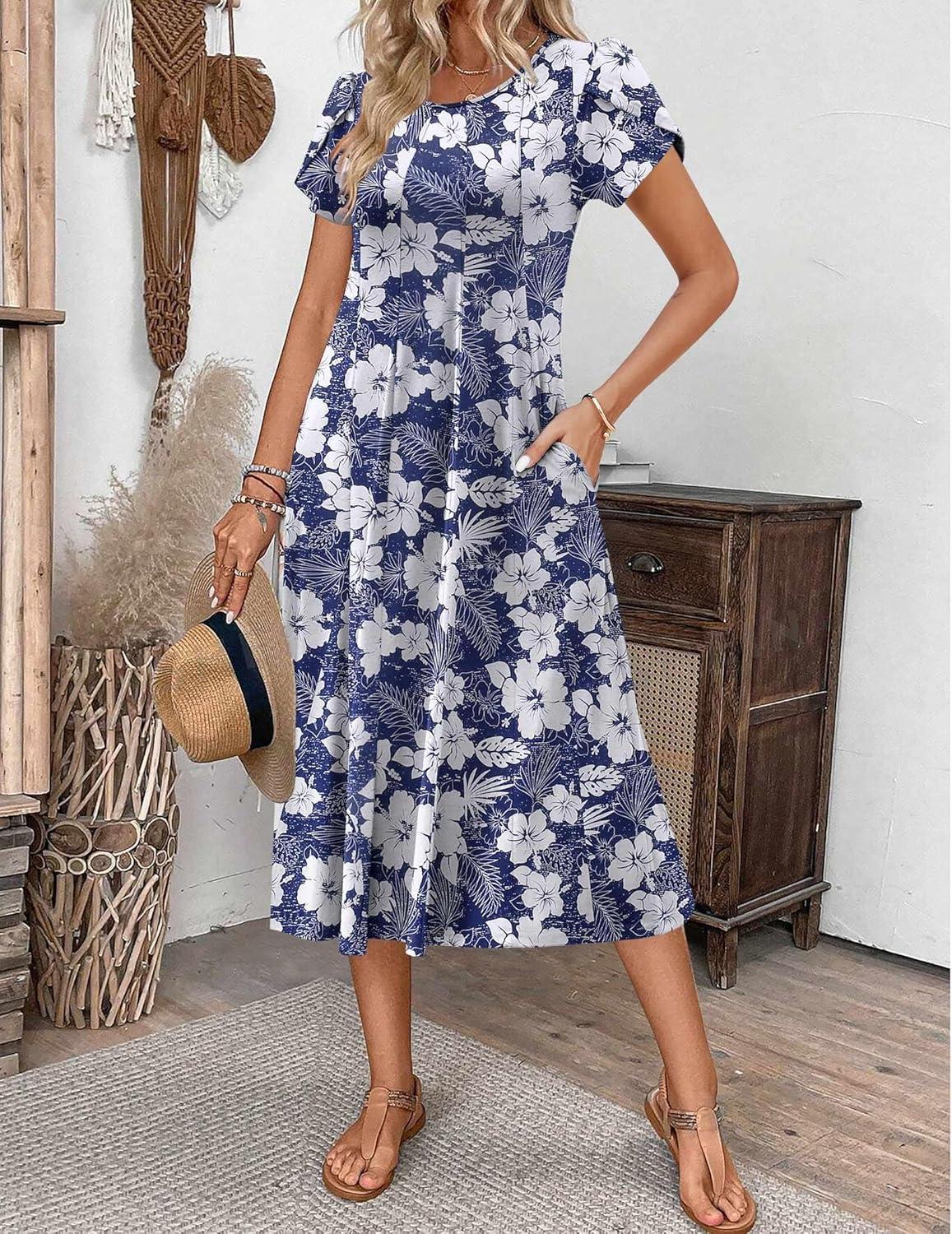 imageZEAGOO Womens Casual Dresses for Summer Short Sleeve Flare Midi Dress Loose Flowy Beach SundressDeep Blue Flower