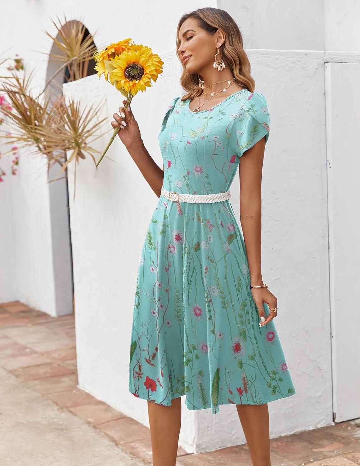 imageZEAGOO Womens Casual Dresses for Summer Short Sleeve Flare Midi Dress Loose Flowy Beach SundressGreen Flower