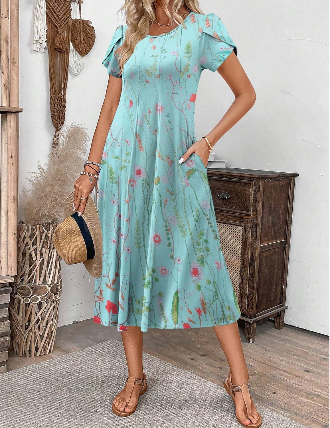 imageZEAGOO Womens Casual Dresses for Summer Short Sleeve Flare Midi Dress Loose Flowy Beach SundressGreen Flower