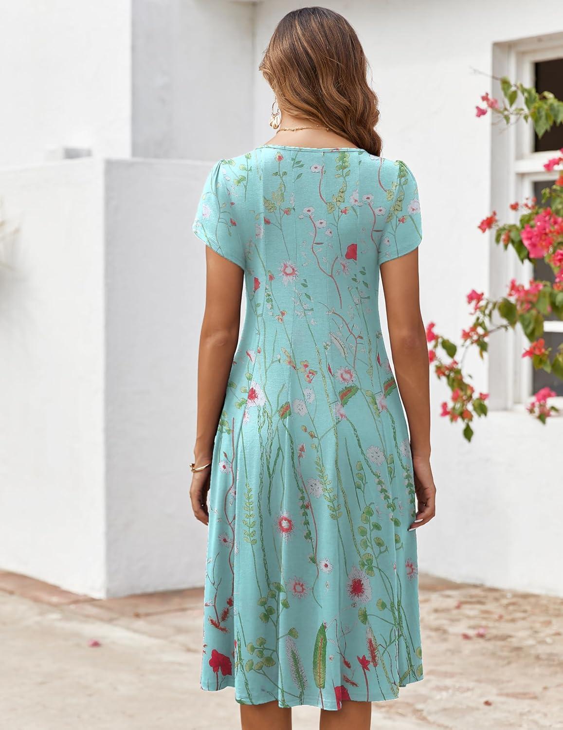 imageZEAGOO Womens Casual Dresses for Summer Short Sleeve Flare Midi Dress Loose Flowy Beach SundressGreen Flower