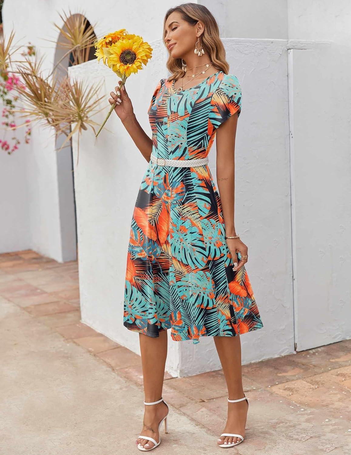 imageZEAGOO Womens Casual Dresses for Summer Short Sleeve Flare Midi Dress Loose Flowy Beach SundressLeaf Print