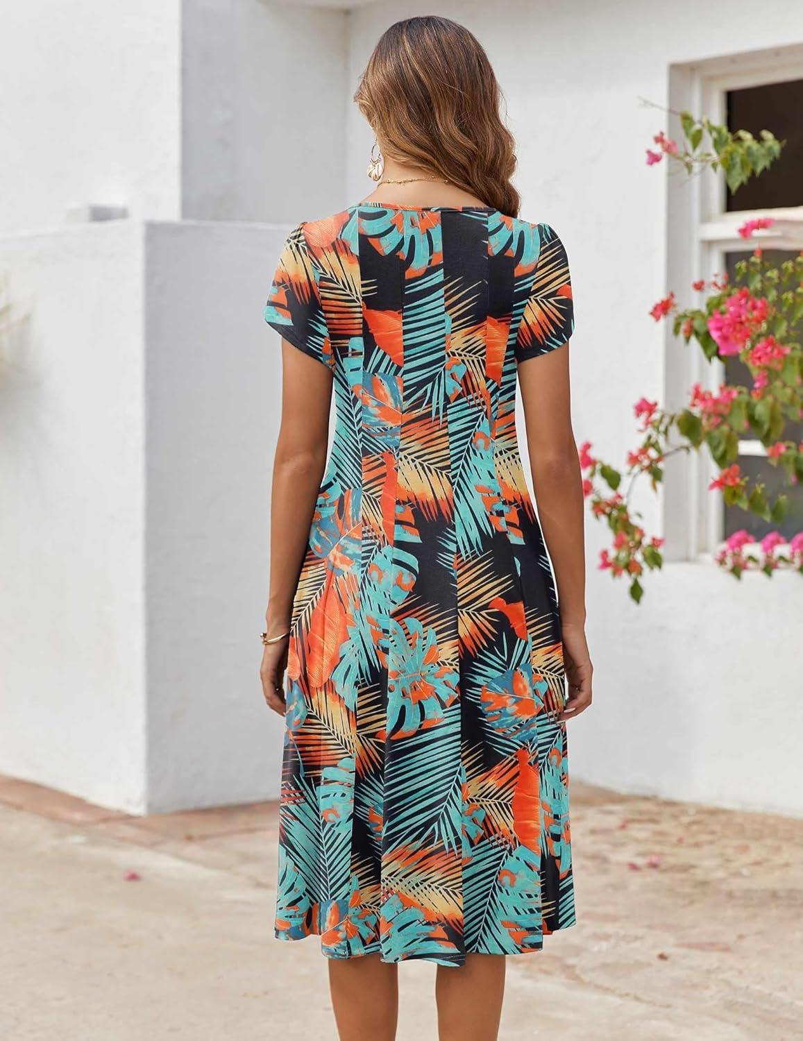 imageZEAGOO Womens Casual Dresses for Summer Short Sleeve Flare Midi Dress Loose Flowy Beach SundressLeaf Print