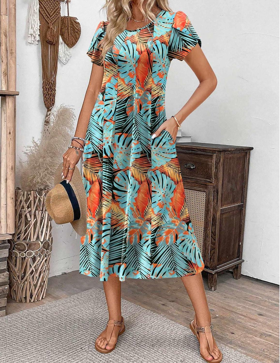 imageZEAGOO Womens Casual Dresses for Summer Short Sleeve Flare Midi Dress Loose Flowy Beach SundressLeaf Print