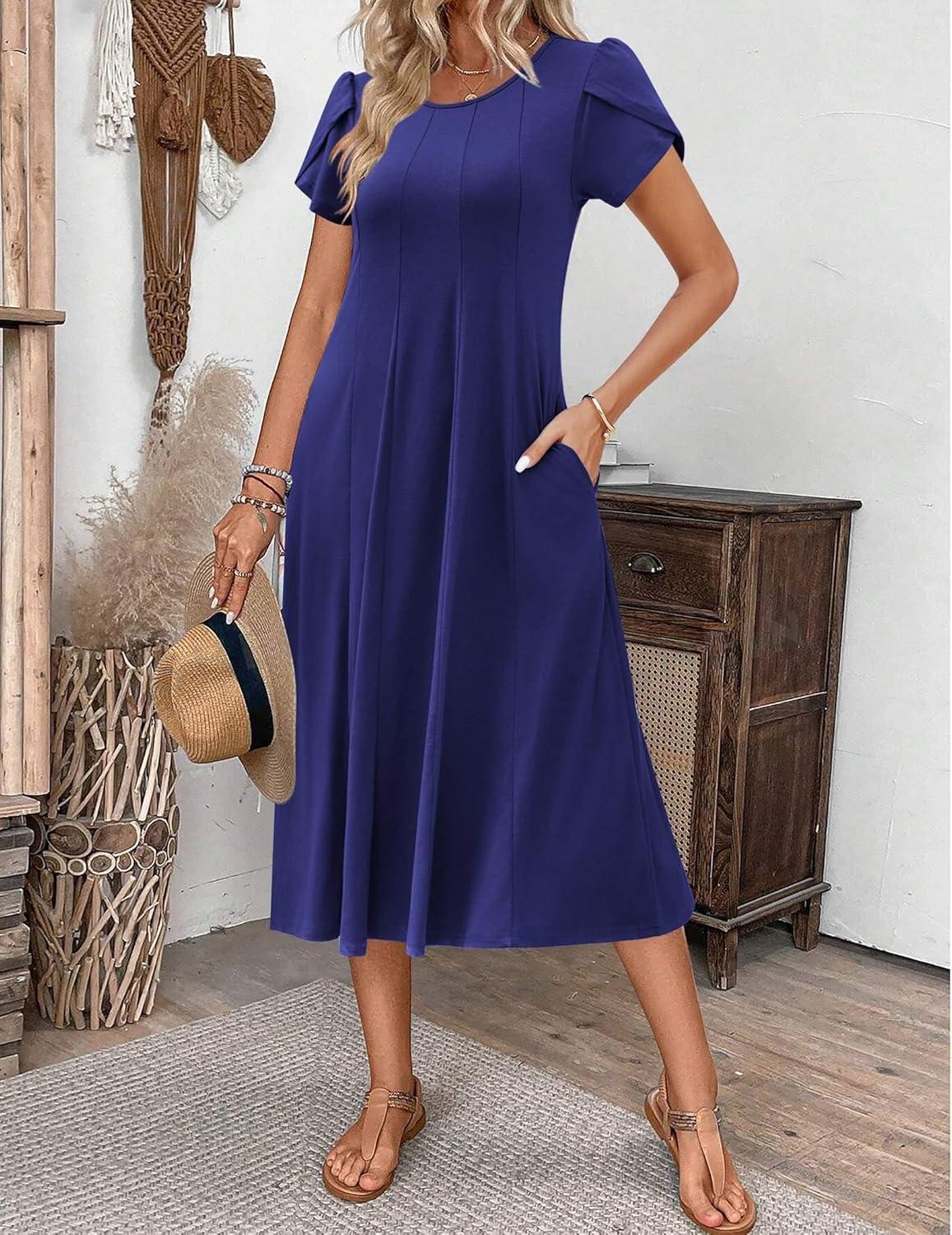 imageZEAGOO Womens Casual Dresses for Summer Short Sleeve Flare Midi Dress Loose Flowy Beach SundressNavy Blue