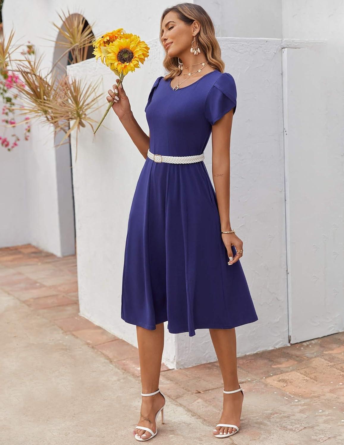 imageZEAGOO Womens Casual Dresses for Summer Short Sleeve Flare Midi Dress Loose Flowy Beach SundressNavy Blue
