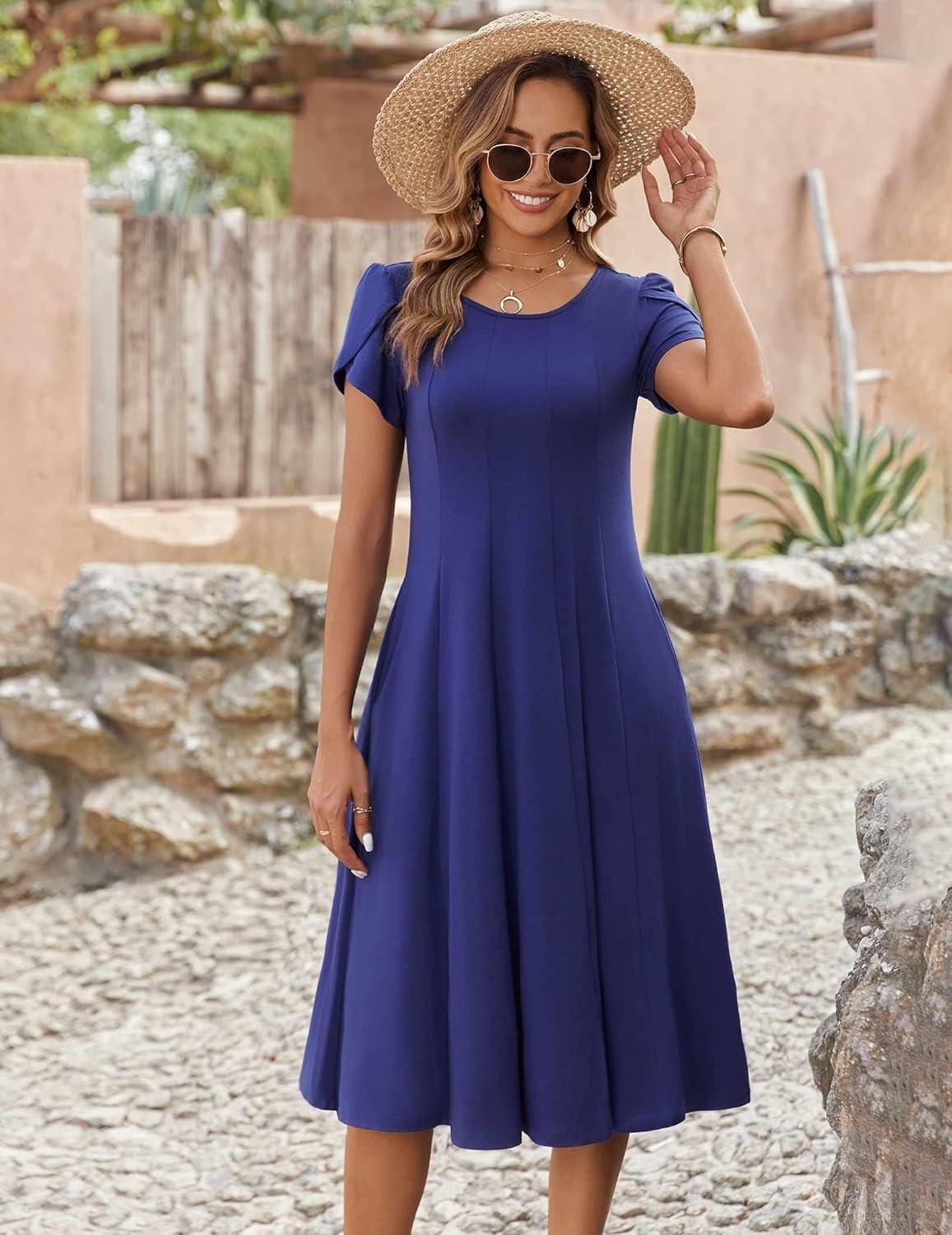 imageZEAGOO Womens Casual Dresses for Summer Short Sleeve Flare Midi Dress Loose Flowy Beach SundressNavy Blue