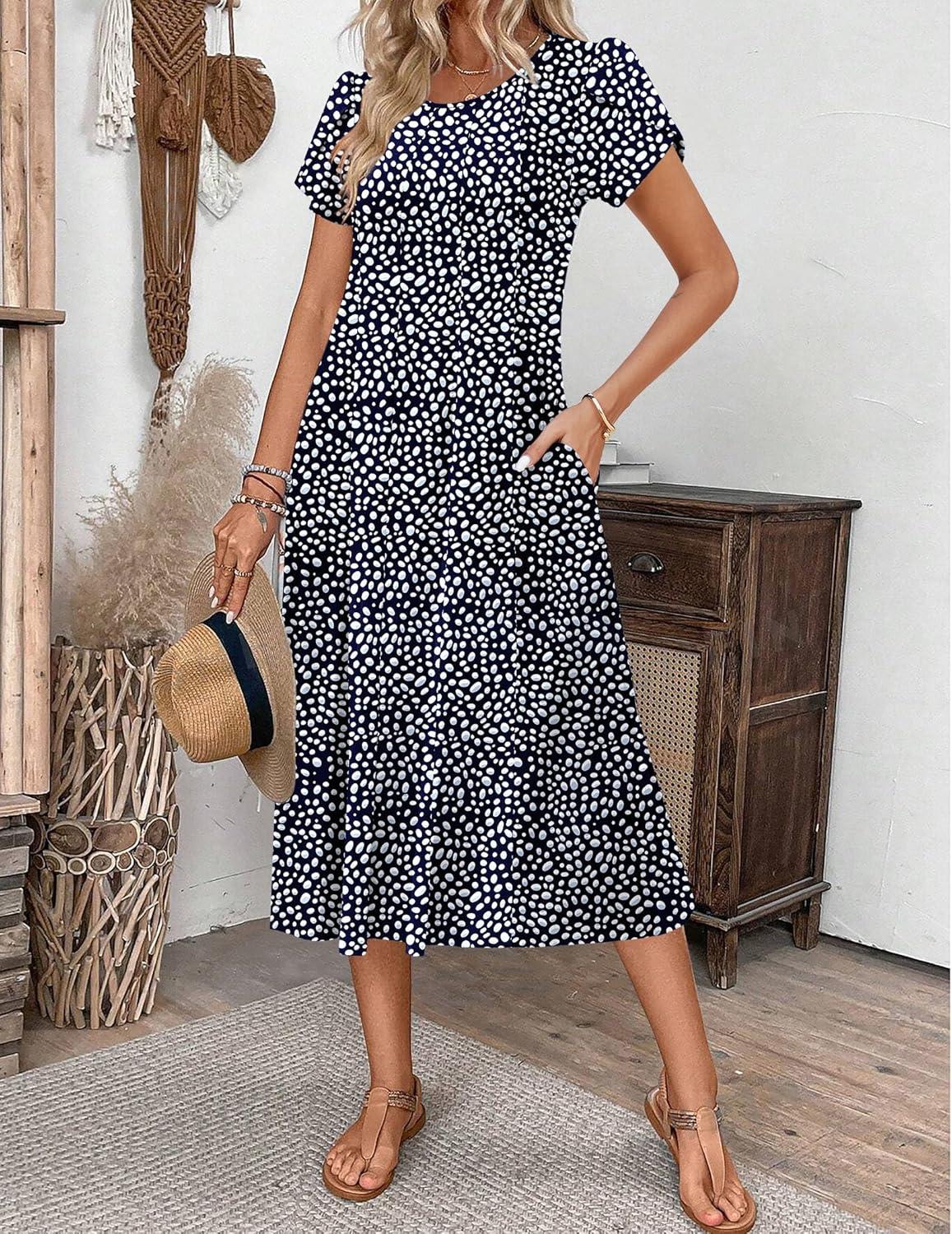 imageZEAGOO Womens Casual Dresses for Summer Short Sleeve Flare Midi Dress Loose Flowy Beach SundressNavy Dot