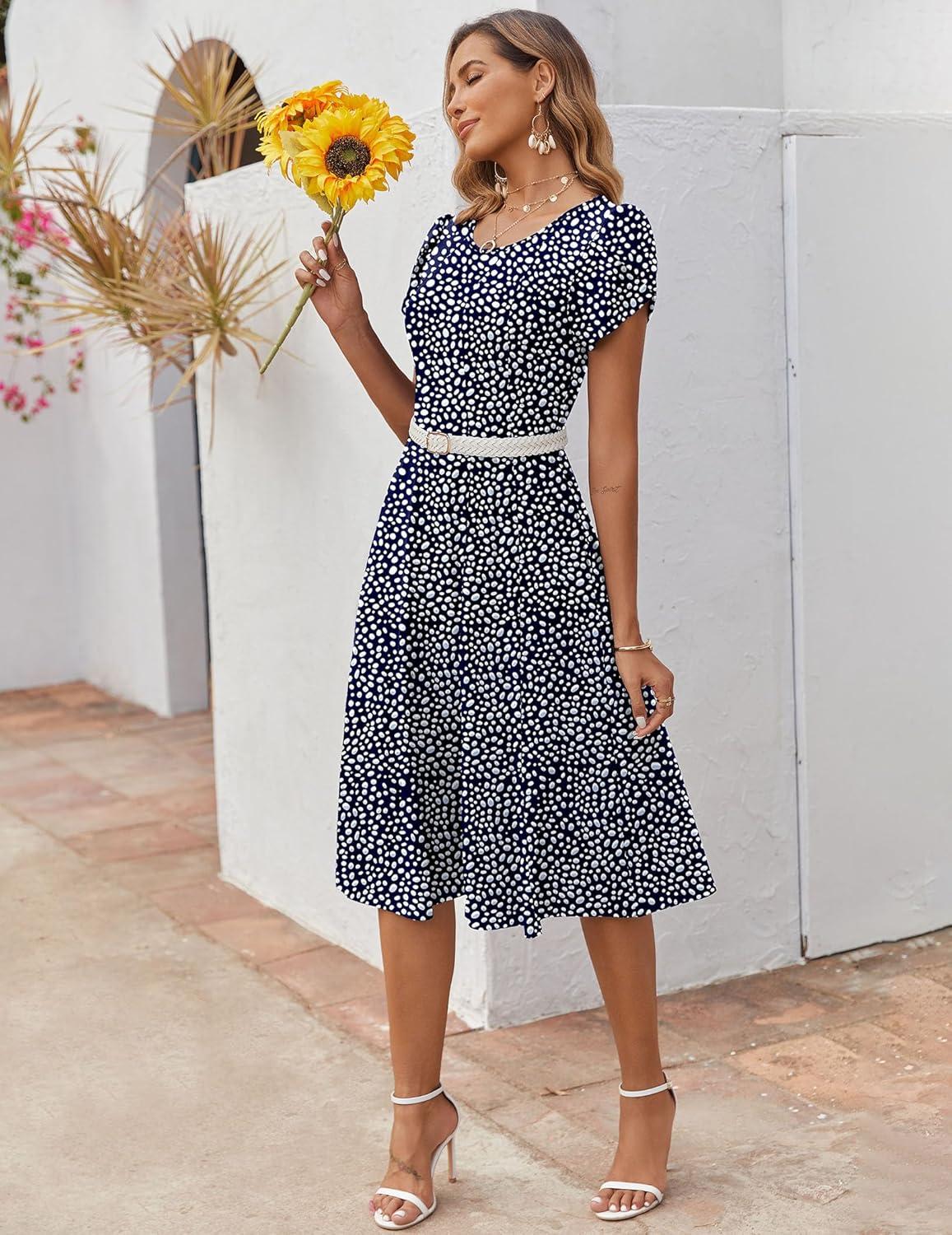 imageZEAGOO Womens Casual Dresses for Summer Short Sleeve Flare Midi Dress Loose Flowy Beach SundressNavy Dot