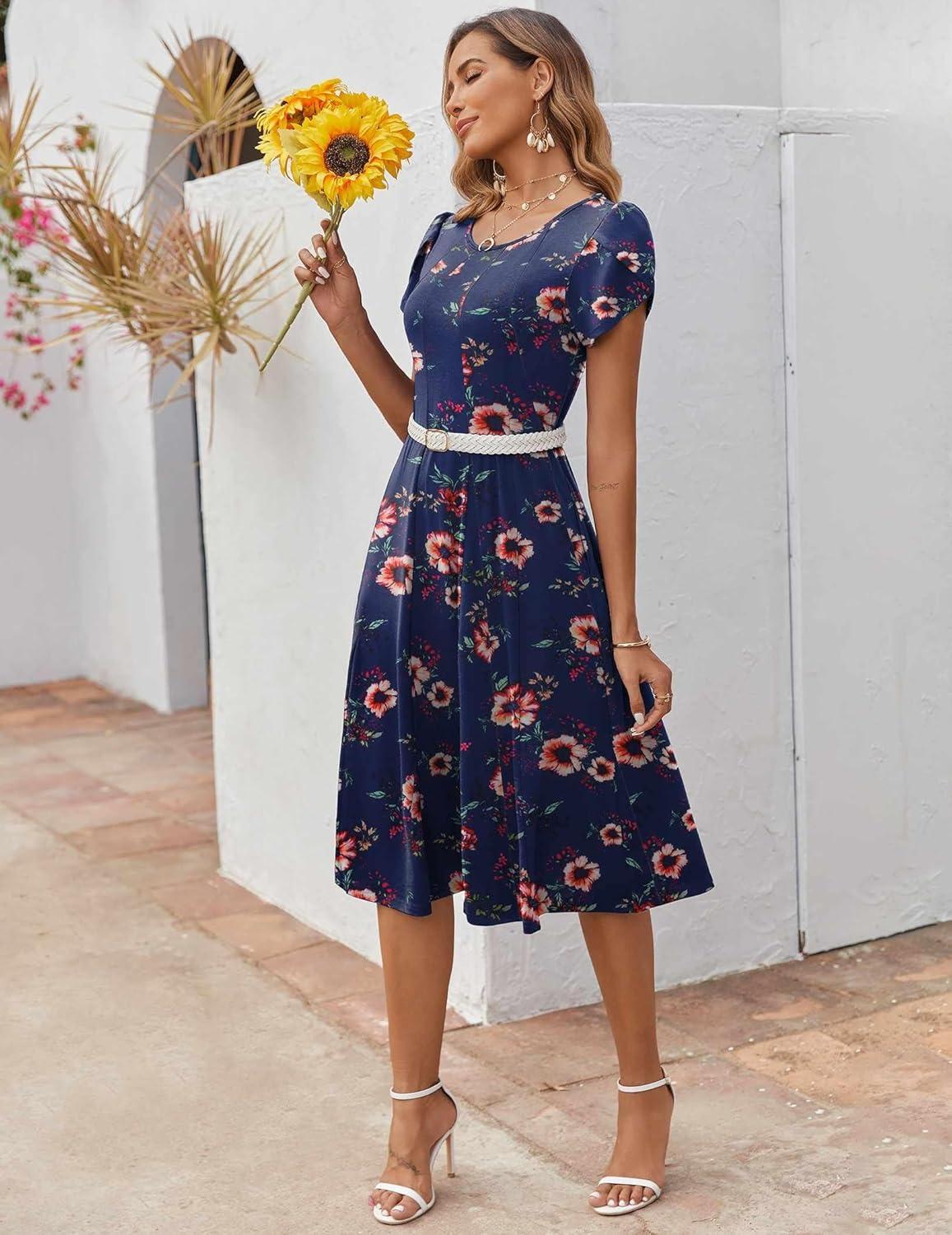 imageZEAGOO Womens Casual Dresses for Summer Short Sleeve Flare Midi Dress Loose Flowy Beach SundressNavy Flower