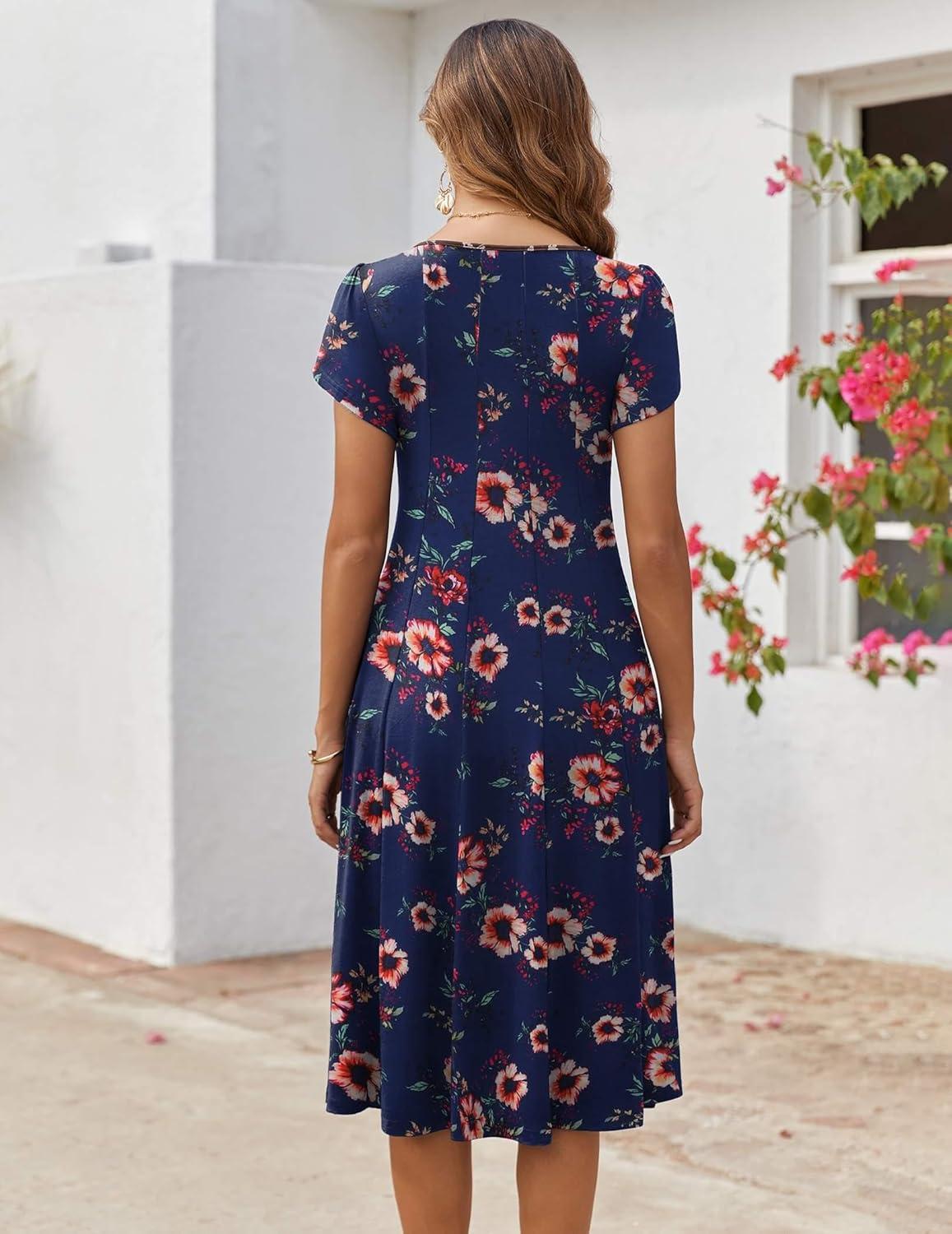 imageZEAGOO Womens Casual Dresses for Summer Short Sleeve Flare Midi Dress Loose Flowy Beach SundressNavy Flower