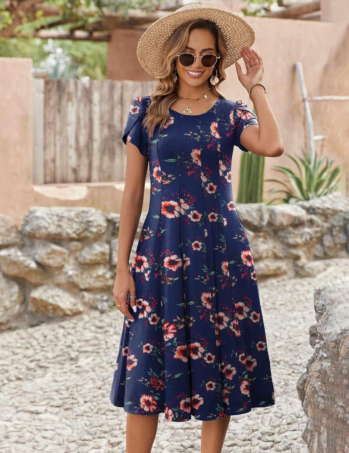 imageZEAGOO Womens Casual Dresses for Summer Short Sleeve Flare Midi Dress Loose Flowy Beach SundressNavy Flower