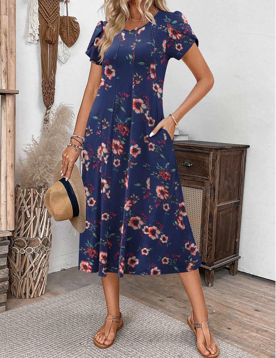 imageZEAGOO Womens Casual Dresses for Summer Short Sleeve Flare Midi Dress Loose Flowy Beach SundressNavy Flower
