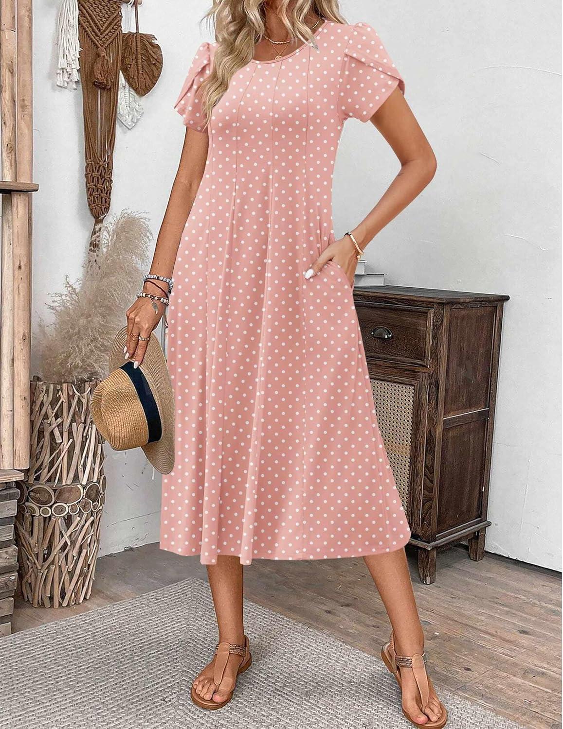 imageZEAGOO Womens Casual Dresses for Summer Short Sleeve Flare Midi Dress Loose Flowy Beach SundressPink Dot