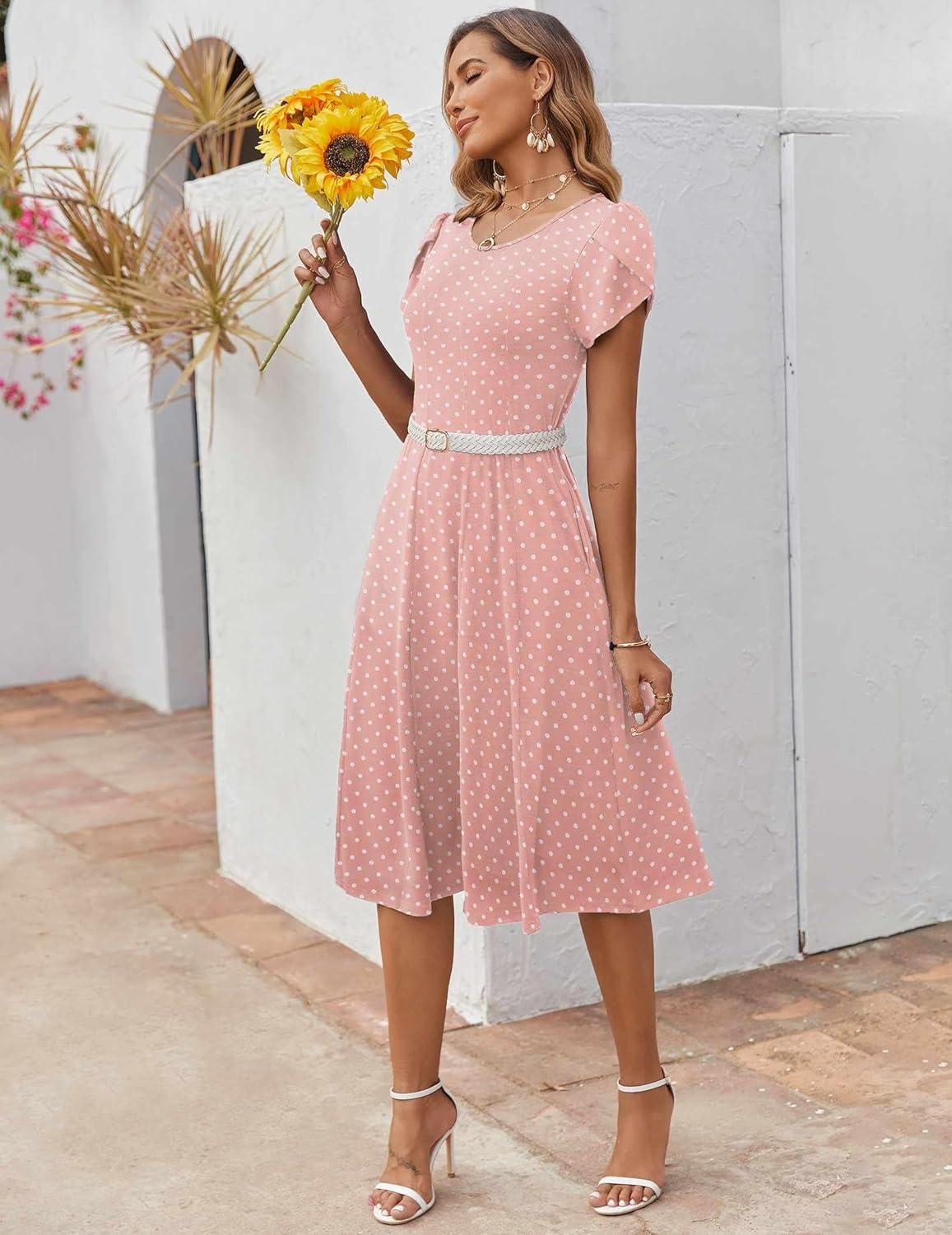 imageZEAGOO Womens Casual Dresses for Summer Short Sleeve Flare Midi Dress Loose Flowy Beach SundressPink Dot