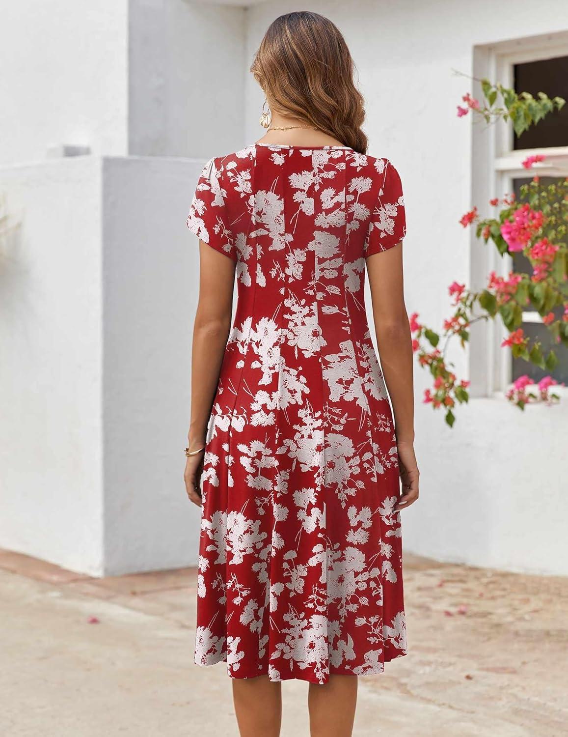 imageZEAGOO Womens Casual Dresses for Summer Short Sleeve Flare Midi Dress Loose Flowy Beach SundressRed Flower