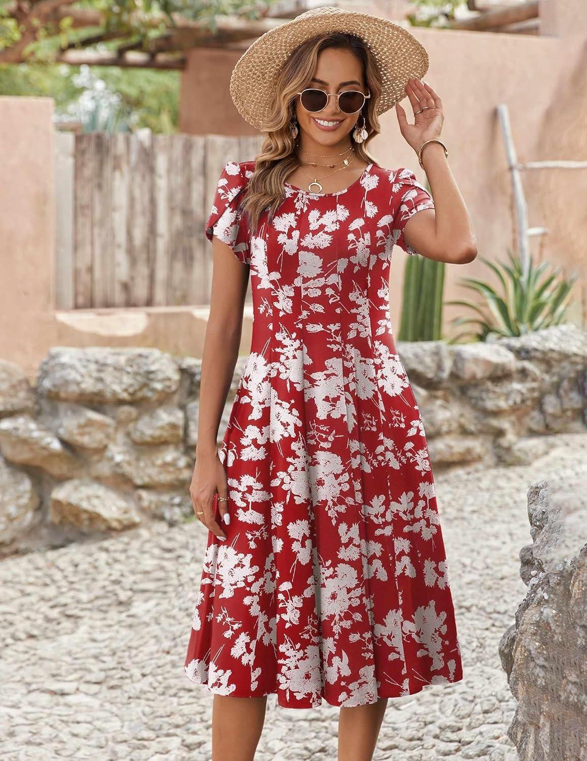 imageZEAGOO Womens Casual Dresses for Summer Short Sleeve Flare Midi Dress Loose Flowy Beach SundressRed Flower
