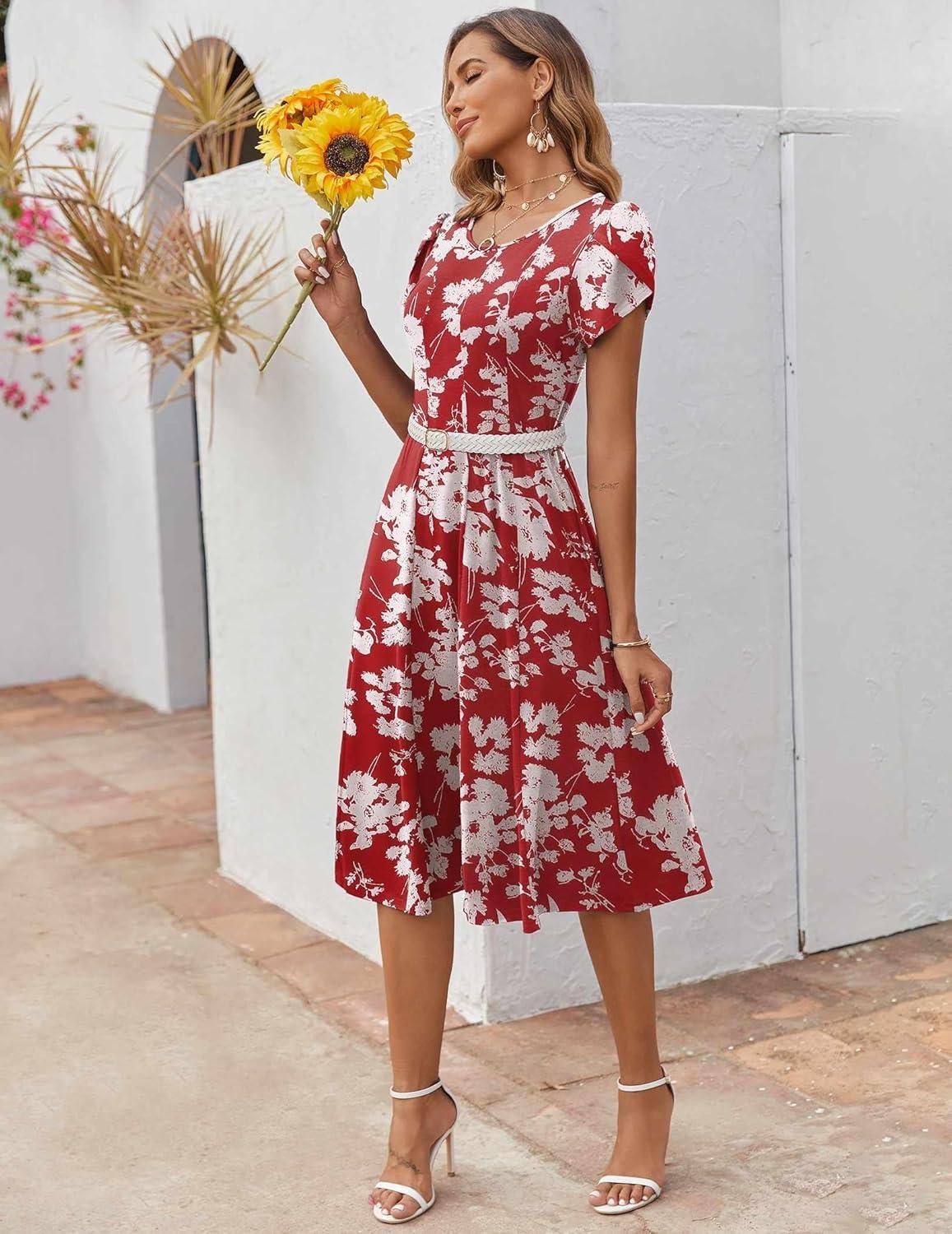 imageZEAGOO Womens Casual Dresses for Summer Short Sleeve Flare Midi Dress Loose Flowy Beach SundressRed Flower